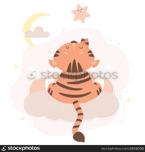 cute tiger sits on a cloud with his back. Reaches a paw to the star. Vector illustration. Scandinavian style animal concept for kids collection, for design, decor, prints and posters and cards