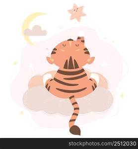 cute tiger sits on a cloud with his back. Reaches a paw to the star. Vector illustration. Scandinavian style animal concept for kids collection, for design, decor, prints and posters and cards