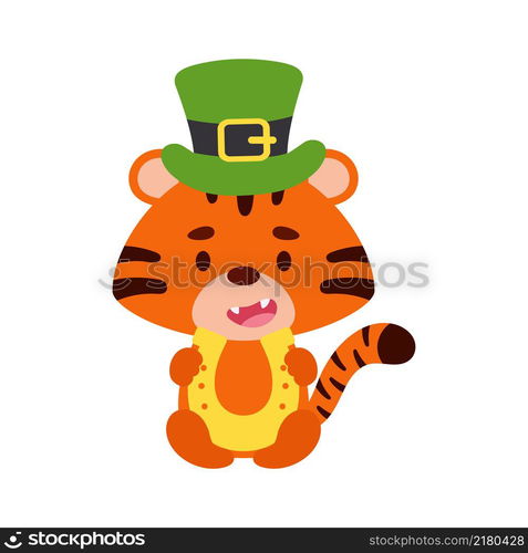 Cute tiger St. Patrick&rsquo;s Day leprechaun hat holds horseshoe. Irish holiday folklore theme. Cartoon design for cards, decor, shirt, invitation. Vector stock illustration.