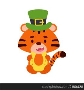 Cute tiger St. Patrick&rsquo;s Day leprechaun hat holds horseshoe. Irish holiday folklore theme. Cartoon design for cards, decor, shirt, invitation. Vector stock illustration.