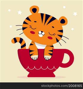Cute tiger, symbol of the Chinese 2022 new year. Wild animal. Traditional calendar, greeting card. Vector flat cartoon illustration