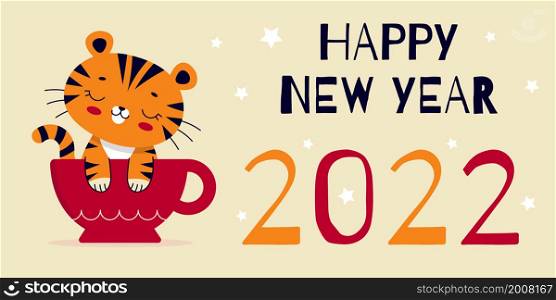Cute tiger, symbol of the Chinese 2022 new year. Wild animal. Traditional calendar, greeting card. Vector flat cartoon illustration