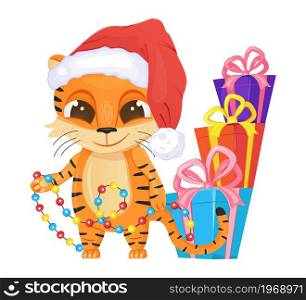 Cute tiger vector. Happy Chinese New Year 2022 symbol. Funny tiger kid with big eyes and santa hat. Gifts, garland are shown. Christmas invitation card.. Cute tiger vector. Happy Chinese New Year 2022 symbol. Funny tiger kid with big eyes and santa hat. Gifts, garland are shown.