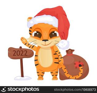 Cute tiger vector. Happy Chinese New Year 2022 symbol. Funny tiger kid with big eyes and santa hat. Christmas invitation card. Bag with gifts and a wooden board with the inscription 2022. Cute tiger vector. Happy Chinese New Year 2022 symbol. Funny tiger kid with big eyes and santa hat. Christmas invitation card.