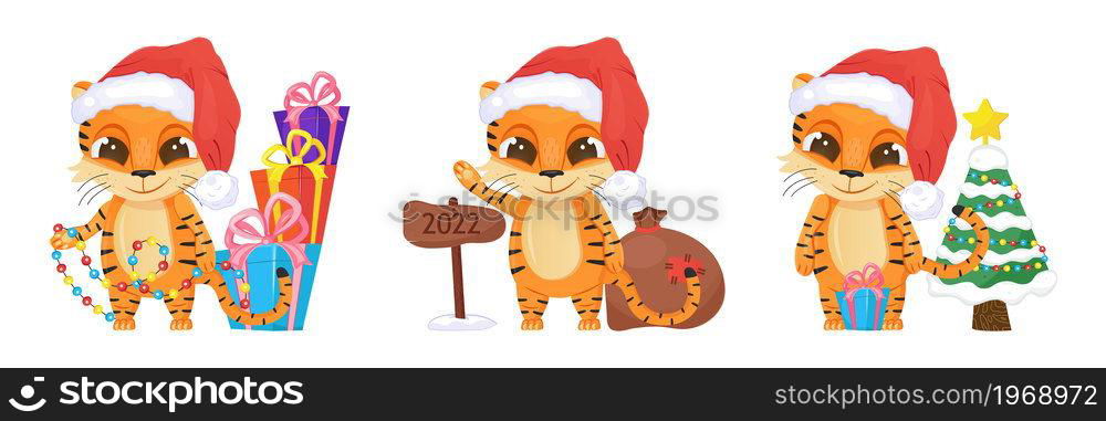 Cute tiger vector set. Happy Chinese New Year 2022 symbol. Funny tiger kid with big eyes and santa hat. Gifts, garland are shown. Christmas invitation card.. Cute tiger vector set. Happy Chinese New Year 2022 symbol. Funny tiger kid with big eyes and santa hat. Gifts, garland are shown.