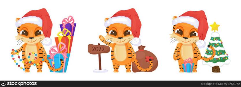 Cute tiger vector set. Happy Chinese New Year 2022 symbol. Funny tiger kid with big eyes and santa hat. Gifts, garland are shown. Christmas invitation card.. Cute tiger vector set. Happy Chinese New Year 2022 symbol. Funny tiger kid with big eyes and santa hat. Gifts, garland are shown.