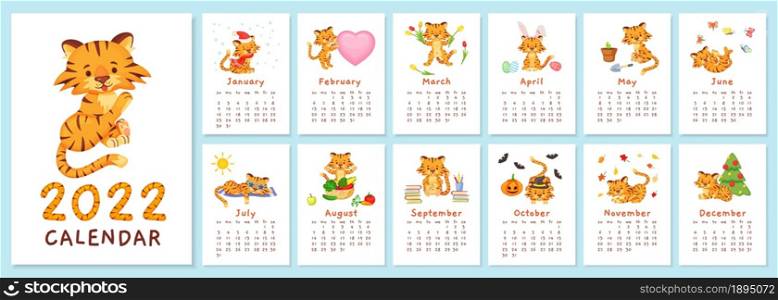 Cute tigers 2022 calendar, chinese new year tiger symbol. Cartoon happy baby animal characters in different months planner Vector template. Adorable feline cubs seasonal printable pages. Cute tigers 2022 calendar, chinese new year tiger symbol. Cartoon happy baby animal characters in different months planner Vector template