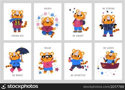 Cute tigers cards. Zodiac year funny characters, little predatory animals mascots, kids vertical posters collection. Childish style illustration with motivation text. Vector cartoon flat isolated set. Cute tigers cards. Zodiac year funny characters, little predatory animals mascots, kids posters collection. Childish style illustration with motivation text. Vector cartoon flat isolated set