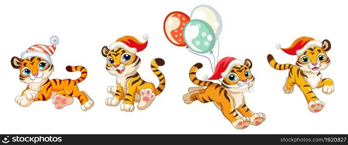 Cute tigers in Christmas hats. Cartoon tiger characters. Vector isolated illustration. Christmas funny animals set. For greeting cards, posters, design, stickers, decor, kids apparel. Little funny tigers Christmas set vector illustration