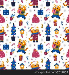 Cute tigers seamless pattern. New year funny animals in warm winter clothes with gifts, christmas tree toy, little holiday predators. Decor textile, wrapping paper wallpaper, vector print or fabric. Cute tigers seamless pattern. New year funny animals in warm winter clothes with gifts, christmas tree toy, little holiday predators. Decor textile, wrapping paper wallpaper, vector print