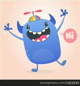 Cute tiny blue monster in kid&rsquo;s hat with propeller dancing. Vector illustration of monster character. Design for children book, holiday decoration, stickers or print