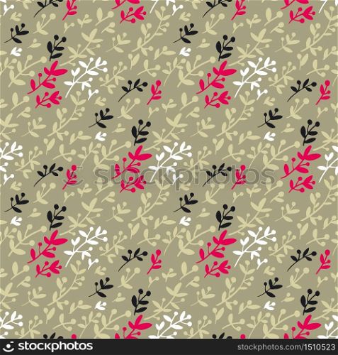 Cute tiny forest wigs with berries rapport. Natural colors and bright red classic seamless pattern. Vector illustration flower tile motif.