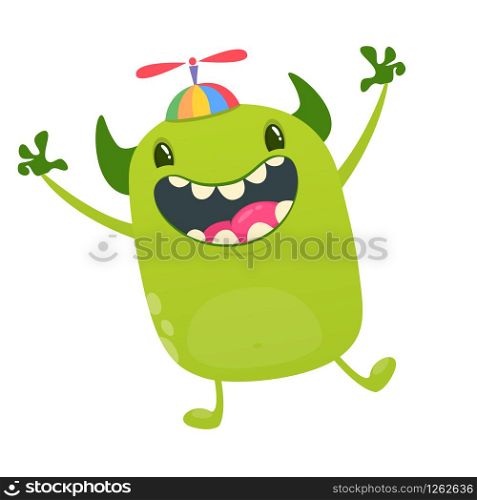 Cute tiny green alien in kid&rsquo;s hat with propeller dancing. Vector illustration of alien character. Design for children book, holiday decoration, stickers or print