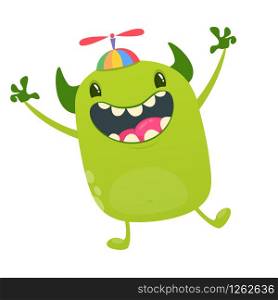 Cute tiny green alien in kid&rsquo;s hat with propeller dancing. Vector illustration of alien character. Design for children book, holiday decoration, stickers or print