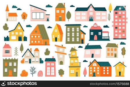 Cute tiny houses. Cartoon small town houses, minimalism city buildings, minimal suburban residential house vector illustration icons set. House small multicolour, structure town residential exterior. Cute tiny houses. Cartoon small town houses, minimalism city buildings, minimal suburban residential house vector illustration icons set