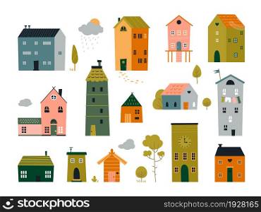 Cute tiny houses. Front brick house, cartoon flat buildings. Doodle small home, trendy scandinavian street landscape classy vector objects set. Illustration of urban town and city building. Cute tiny houses. Front brick house, cartoon flat buildings. Doodle small home, trendy scandinavian street landscape classy vector objects set