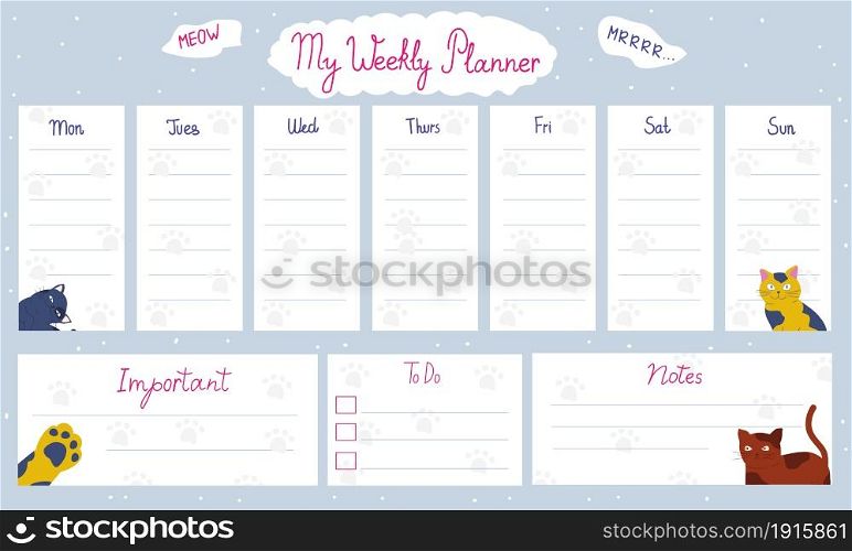 Cute to do list. Paper agenda page with decoration and weekly planner. Memo template. Reminder and week organizer design with funny cats. Scrapbook and school journal. Vector diary blank sheets set. Cute to do list. Paper agenda page with decoration and weekly planner. Memo template. Reminder and organizer design with funny cats. Scrapbook and school journal. Vector diary sheets set