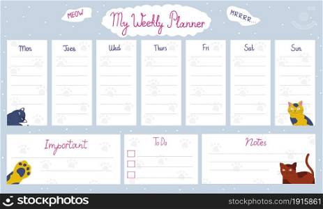 Cute to do list. Paper agenda page with decoration and weekly planner. Memo template. Reminder and week organizer design with funny cats. Scrapbook and school journal. Vector diary blank sheets set. Cute to do list. Paper agenda page with decoration and weekly planner. Memo template. Reminder and organizer design with funny cats. Scrapbook and school journal. Vector diary sheets set