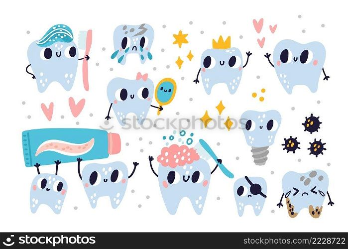Cute tooth characters. Funny cartoon teeth with comic faces. Different emotion expressions. Dental hygiene tools and accessories. Cleaning toothpaste and toothbrush. Vector healthy and sick molars set. Cute tooth characters. Cartoon teeth with comic faces. Different emotion expressions. Dental hygiene tools and accessories. Toothpaste and toothbrush. Vector healthy and sick molars set