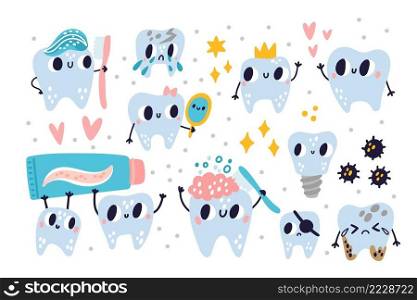 Cute tooth characters. Funny cartoon teeth with comic faces. Different emotion expressions. Dental hygiene tools and accessories. Cleaning toothpaste and toothbrush. Vector healthy and sick molars set. Cute tooth characters. Cartoon teeth with comic faces. Different emotion expressions. Dental hygiene tools and accessories. Toothpaste and toothbrush. Vector healthy and sick molars set