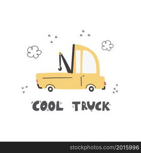 Cute tow truck and lettering-cool truck. Funny transport. Cartoon vector illustration in simple childish hand-drawn Scandinavian style for kids.. Cute tow truck and lettering-cool truck. Funny transport. Cartoon vector illustration in simple childish hand-drawn Scandinavian style for kids