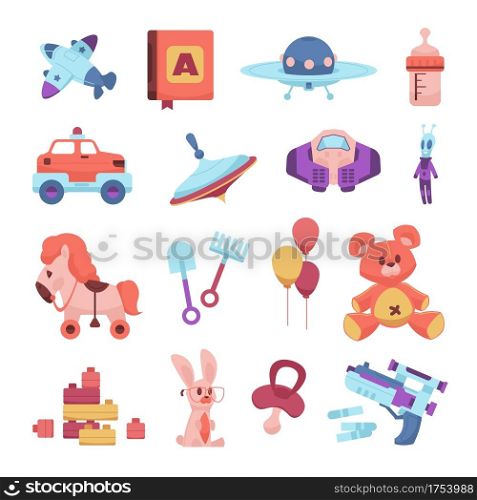 Cute toys. Cartoon playthings for children. Colorful balloons and plush animals, dolls or machines. Primer book for learning alphabet. Plastic pistol with cartridges, construction blocks, vector set. Cute toys. Cartoon playthings for children. Colorful balloons and plush animals, dolls or machines. Primer for learning alphabet. Pistol with cartridges, construction blocks, vector set
