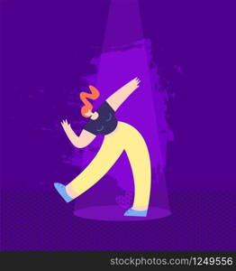 Cute Trendy Outfit Red-haired Disco Girl Dancing on Bright Discotheque Stage Cartoon Style Flat Vector Illustration Music People Dance Marathon Joyful Festival Positive Emotions Nightclub Event. Cute Red-haired Disco Girl Dancing on Bright Stage