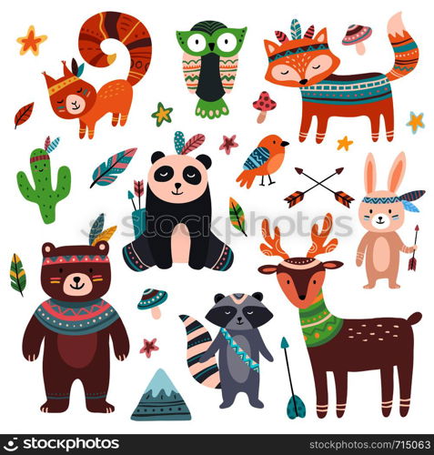 Cute tribal animal. Forest wild animals zoo, tribals bird feather arrows and wilds beast. Squirrel, fox and deer woodland forest brave hunting animal character isolated cartoon icons set. Cute tribal animal. Forest wild animals zoo, tribals bird feather arrows and wilds beast isolated cartoon set