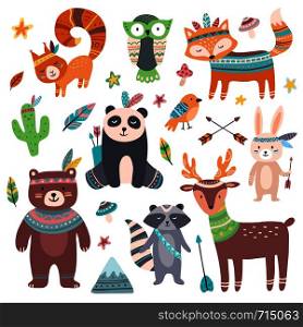 Cute tribal animal. Forest wild animals zoo, tribals bird feather arrows and wilds beast. Squirrel, fox and deer woodland forest brave hunting animal character isolated cartoon icons set. Cute tribal animal. Forest wild animals zoo, tribals bird feather arrows and wilds beast isolated cartoon set