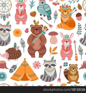 Cute tribal animal texture. Bright animals, woodland indian fox with arrow. Child textile print, fun forest vector seamless pattern. Textile with tribe wildlife, tribal woodland animals illustration. Cute tribal animal texture. Bright animals, woodland indian fox with arrow. Child ethnic textile print, fun forest vector seamless pattern