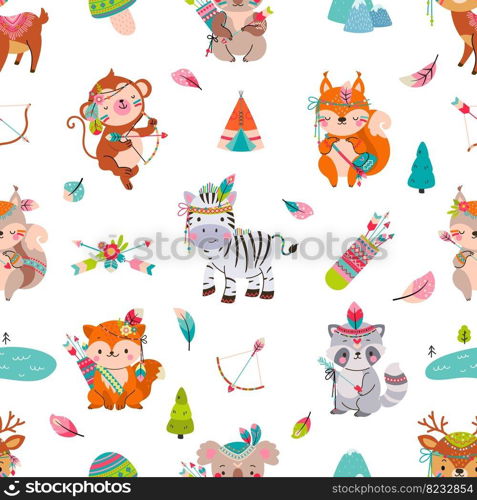 Cute tribal animal texture. Woodland animals, boho style baby forest characters. Kids raccoon fox monkey koala print, childish nowaday vector seamless pattern. Illustration of boho wallpaper. Cute tribal animal texture. Woodland animals, boho style baby forest characters. Kids raccoon fox monkey koala print, childish nowaday vector seamless pattern