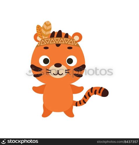 Cute tribal tiger. Wild and free. Cartoon animal character for kids t-shirts, nursery decoration, baby shower, greeting card, invitation, house interior. Vector stock illustration