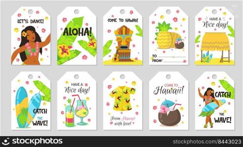 Cute tropical tag. Gift tags with girl, coconut, surfboard. Pineapple, guitar, cocktails, aloha. Vector illustration can be used for presents, goods, labels, advertising