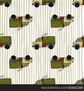 Cute truck car seamless pattern. Kids hand drawn automobile background. Transport wallpaper. Doodle style. Design for fabric, textile print, wrapping, cover. Vector illustration. Cute truck car seamless pattern. Kids hand drawn automobile background. Transport wallpaper.