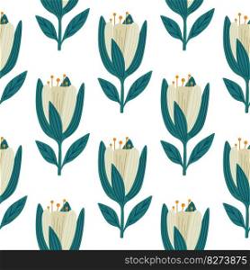 Cute tulip flower seamless pattern. Wildflower botanical design. Decorative floral ornament wallpaper. For fabric design, textile print, wrapping. Retro vector illustration. Cute tulip flower seamless pattern. Wildflower botanical design. Decorative floral ornament wallpaper.