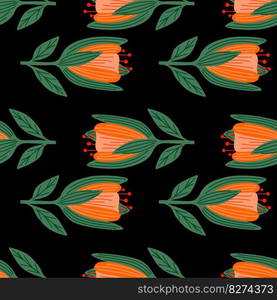 Cute tulip flower seamless pattern. Wildflower botanical design. Decorative floral ornament wallpaper. For fabric design, textile print, wrapping. Retro vector illustration. Cute tulip flower seamless pattern. Wildflower botanical design. Decorative floral ornament wallpaper.