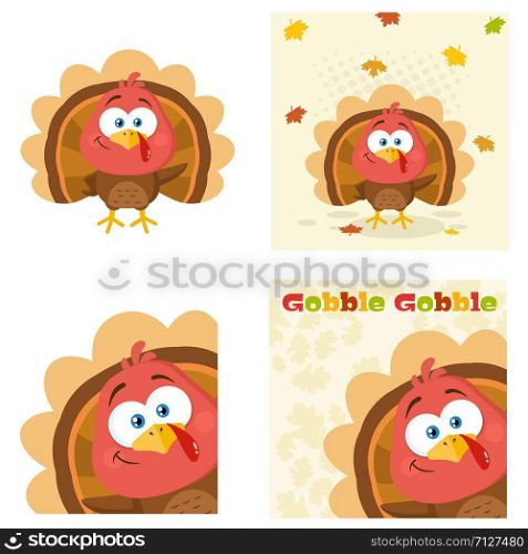 Cute Turkey Bird Cartoon Character Set 1. Flat Vector Collection Isolated On White Background