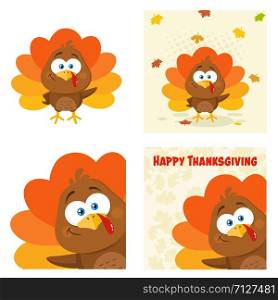 Cute Turkey Bird Cartoon Character Set 2. Flat Vector Collection Isolated On White Background