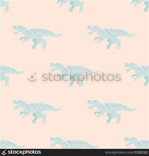 Cute turquoise dinosaur simple seamless pattern on blush pink. Adorable wild animal repeat ornaments. Colored vector illustration in flat cartoon style.. Cute turquoise dinosaur simple seamless pattern on blush pink.