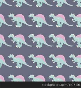 Cute turquoise dinosaur simple seamless pattern on grey. Adorable wild animal repeat ornaments. Colored vector illustration in flat cartoon style.. Cute turquoise dinosaur simple seamless pattern on grey.