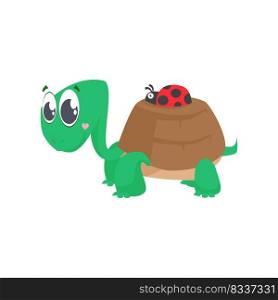 Cute turtle carrying ladybug on shell. Cartoon character, animal, friends. Can be used for topics like friendship, help, support