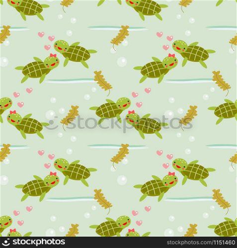 Cute turtle in love seamless pattern. Lovely animal in Valentine concept.