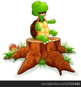 Cute turtle posing on tree stump