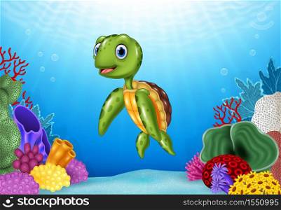 Cute Turtle with beautiful underwater world