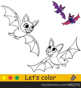Cute two flying bats. Halloween concept. Coloring book page for children. Vector cartoon isolated illustration. For coloring book, education, print, game, decor, puzzle,design. Cute two bats coloring book page Halloween