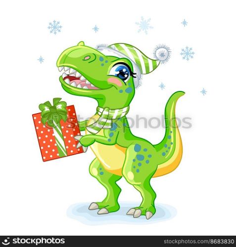 Cute tyrannosaurus in hat with christmas gifts. Cartoon character. Vector isolated illustration. For print, design, posters, cards, stickers, decor, kids apparel, baby shower and invitation. Christmas cute tyrannosaurus with gifts vector illustration