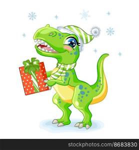 Cute tyrannosaurus in hat with christmas gifts. Cartoon character. Vector isolated illustration. For print, design, posters, cards, stickers, decor, kids apparel, baby shower and invitation. Christmas cute tyrannosaurus with gifts vector illustration