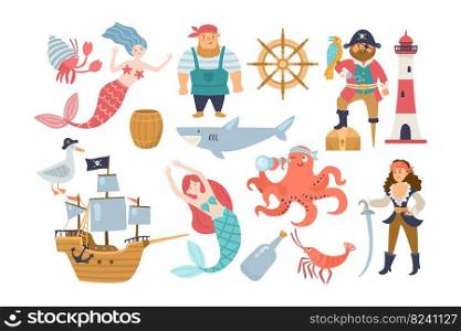 Cute underwater animals, sea robbers cartoon illustration set. Mermaid, jellyfish, ship with anchor, crab, octopus, childish captain character, lighthouse on white background. Marine, ocean concept 