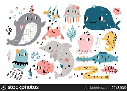 Cute underwater life. Funny inhabitants seaworld, ocean fauna characters, kids cartoon undersea animals and fishes, childish marine nature, swimming dolphin, jellyfish and crab, vector isolated set. Cute underwater life. Funny inhabitants seaworld, ocean fauna characters, kids cartoon undersea animals and fishes, childish marine nature. Dolphin, jellyfish and crab vector isolated set