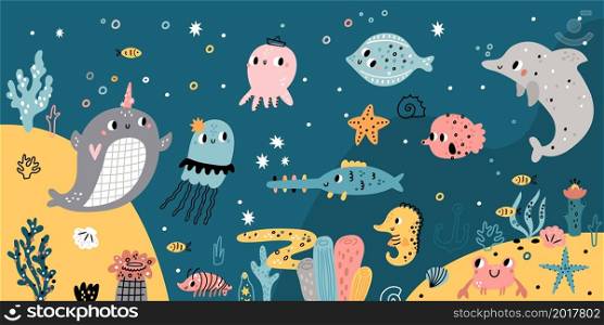 Cute underwater seabed. Funny ocean animals, fishes and seaweed, cartoon characters in natural habitat, swimming dolphin, jellyfish and crab, marine creations childrens illustration, vector concept. Cute underwater seabed. Funny ocean animals, fishes and seaweed, cartoon characters in natural habitat, swimming dolphin, jellyfish and crab, marine creations, vector concept